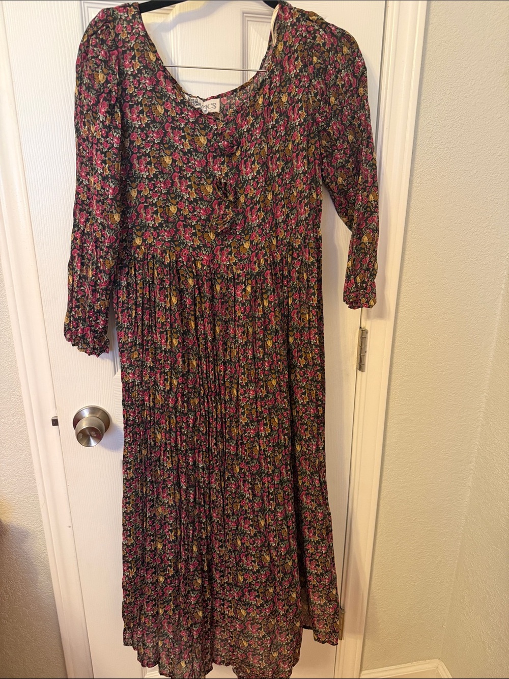 Vintage ASICS Black Floral Midi Dress with Pink & Brown Blooms